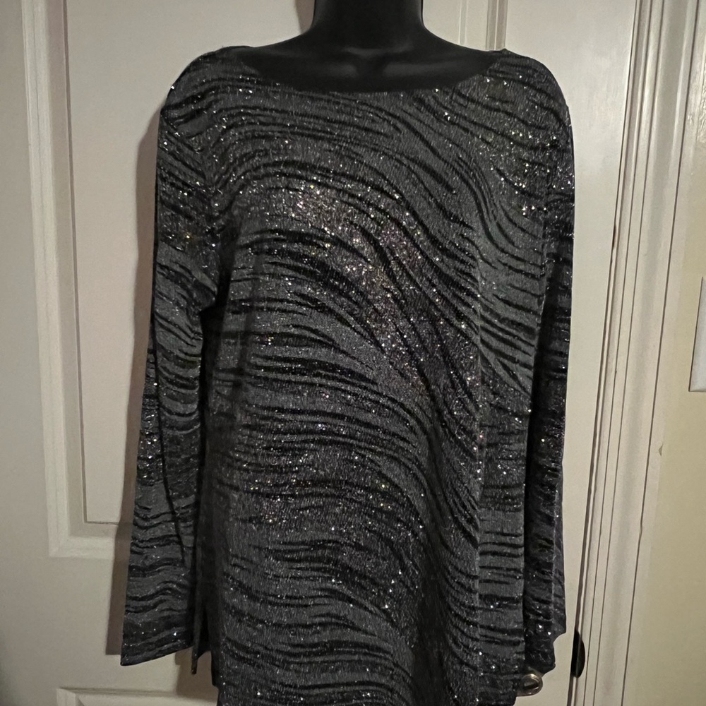 Chico's Black and Silver Long Sleeve Bateau Top